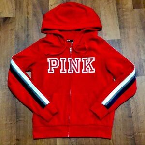 PINK Victoria’s Secret Limited Edition Red Zip Hoodie Varsity Stripe Size Small